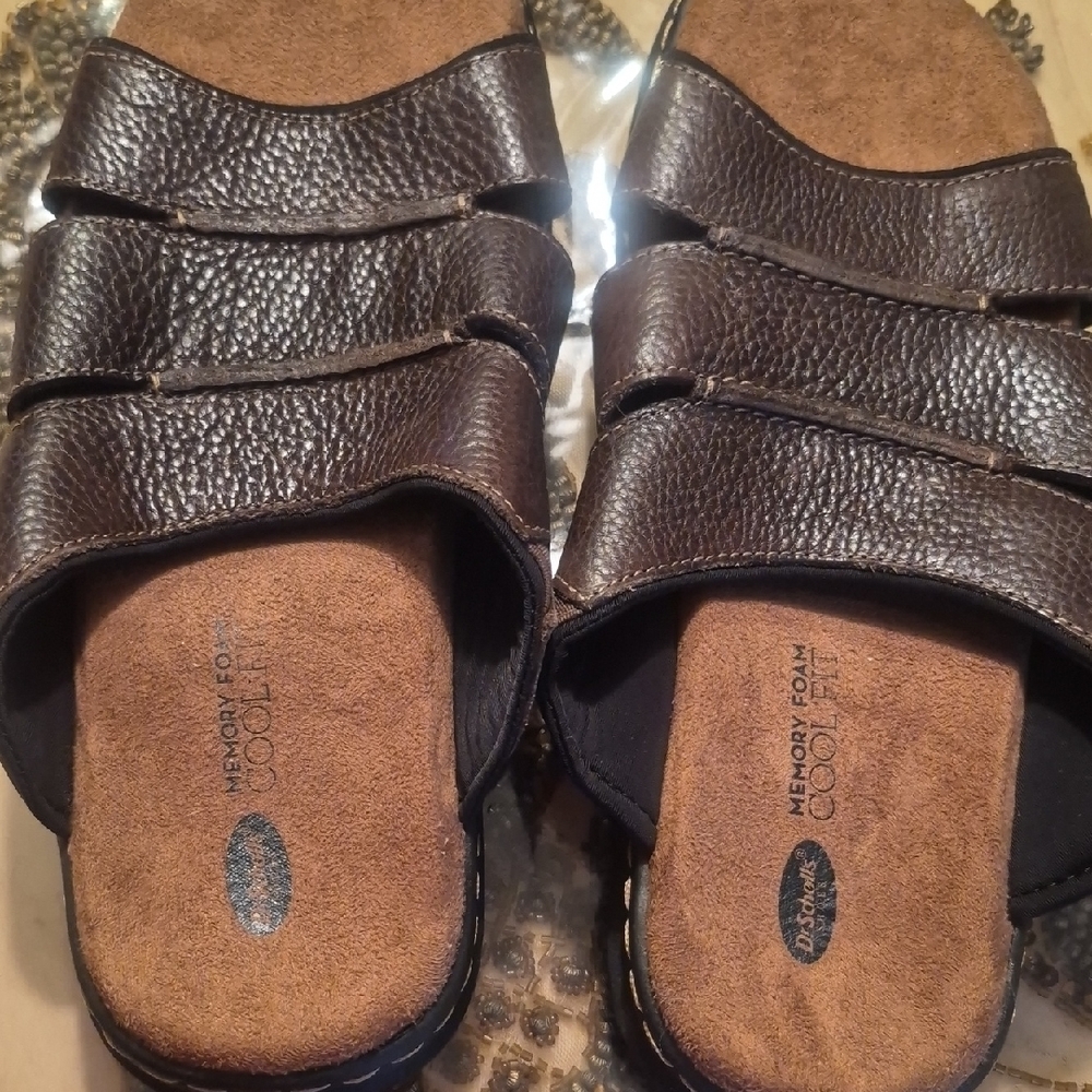 Men's Brown Leather Slide Sandals with Memory Foam Insole